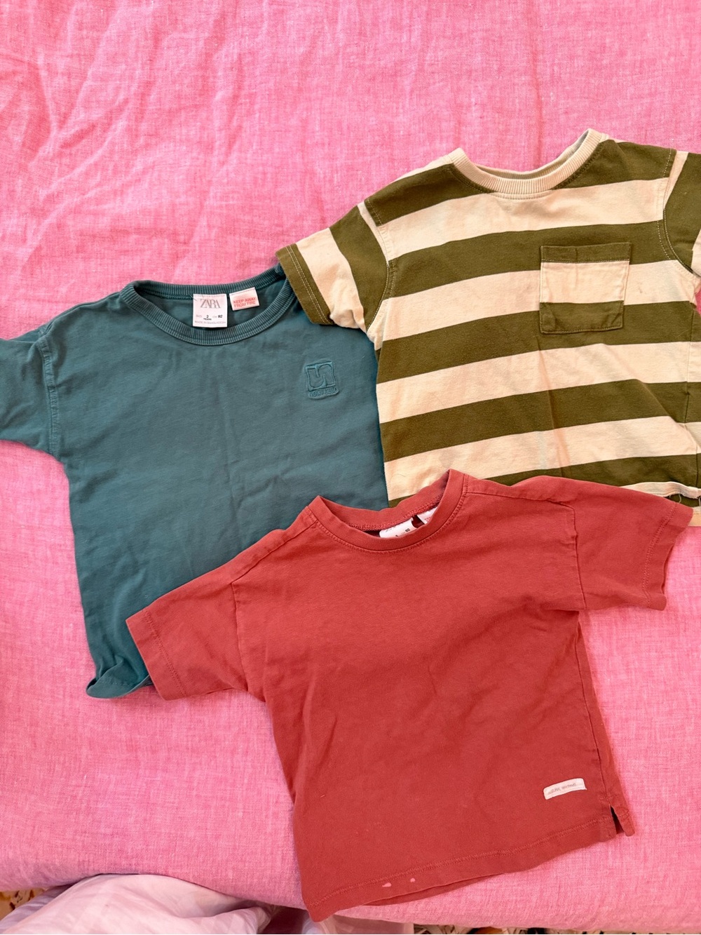 Zara Kids Short Sleeve Tee Pack — Teal, Rust & Olive/Cream Stripe